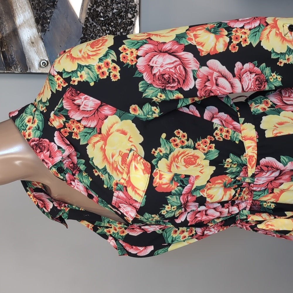 Seductions Sirens Floral Belted Shirt Dress Black Yellow Womens Size Medium - Picture 4 of 13